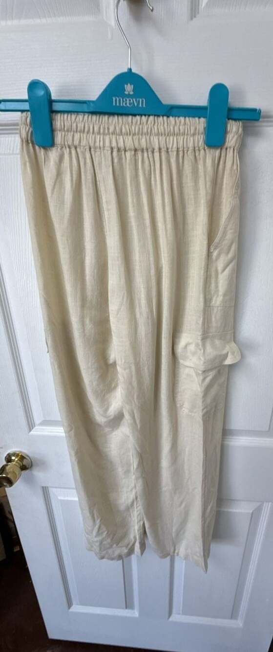Jopna Women's Beige Linen Cargo Pants with Elastic Waist and Drawstring Size XS